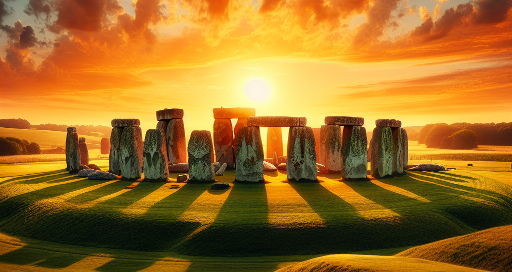 Stonehenge al atardecer, con un brillo anaranjado