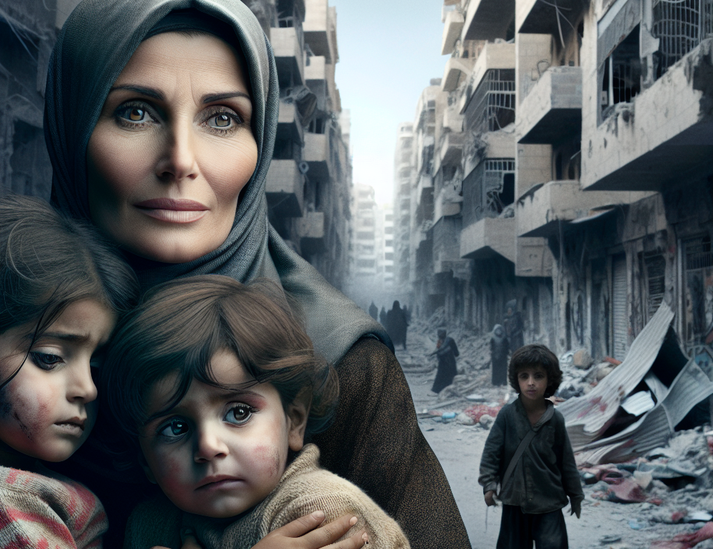 Doaa Ulyan junto a sus hijos en las calles de Gaza